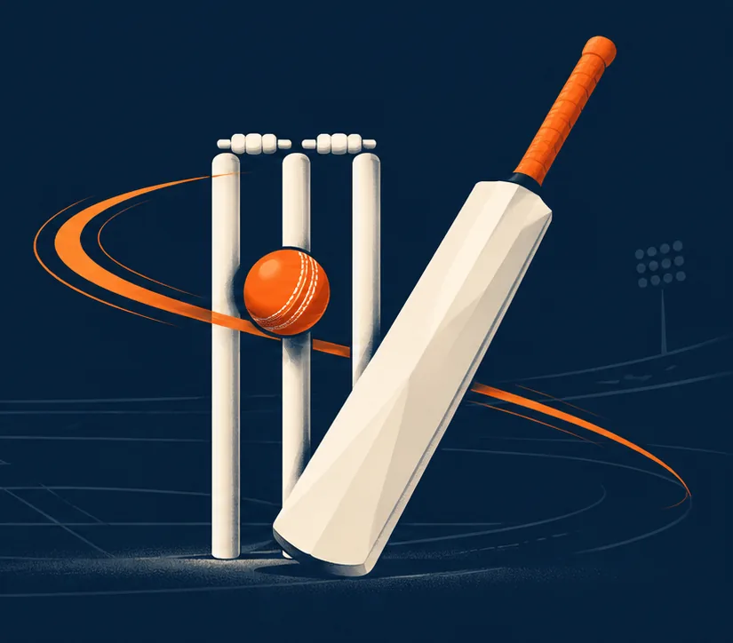 Illustration of a ball hitting the stumps beside a bat